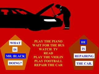 PLAY THE PIANO      HE
 WHAT
            WAIT FOR THE BUS
   IS          WATCH TV           IS
                  READ
MR. BLACK   PLAY THE VIOLIN    REPAIRING
             PLAY FOOTBALL
 DOING?                        THE CAR.
             REPAIR THE CAR
 