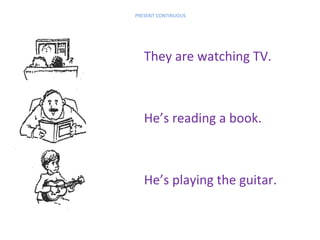 PRESENT CONTINUOUS

They are watching TV.

He’s reading a book.

He’s playing the guitar.

 