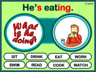 SWIM
SIT
READ
DRINK
COOK
EAT
WATCH
WORK
He’s eating.
 