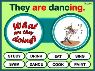 SWIM
STUDY
DANCE
DRINK
COOK
EAT
PAINT
SING
They are dancing.
 