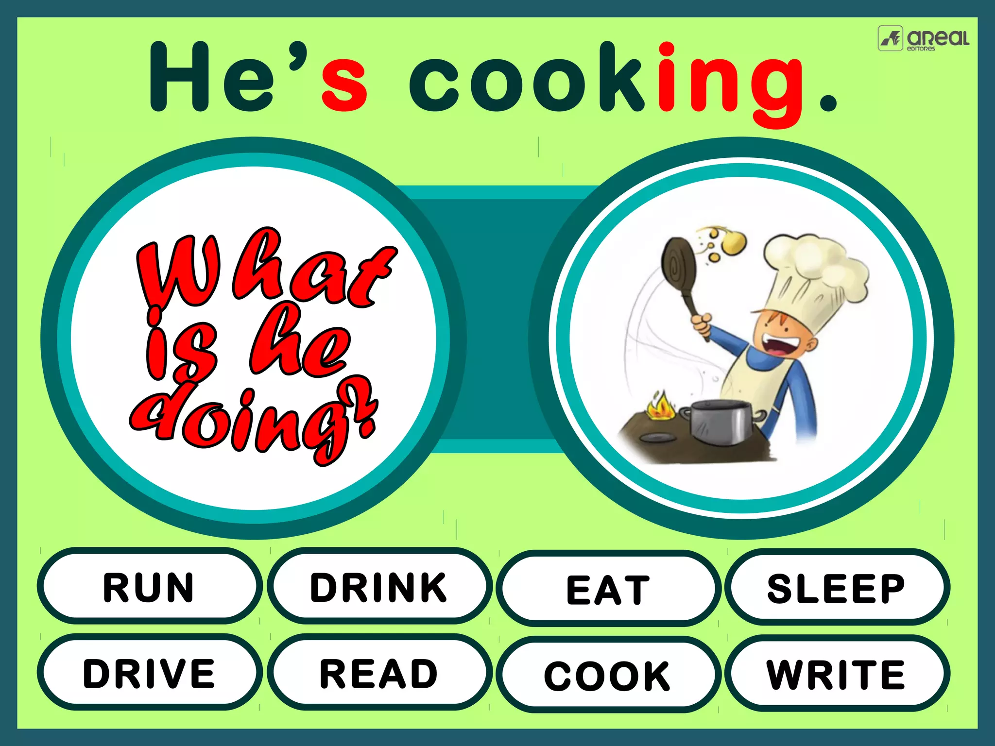 He’s cooking.

RUN

DRINK

EAT

SLEEP

DRIVE

READ

COOK

WRITE

 