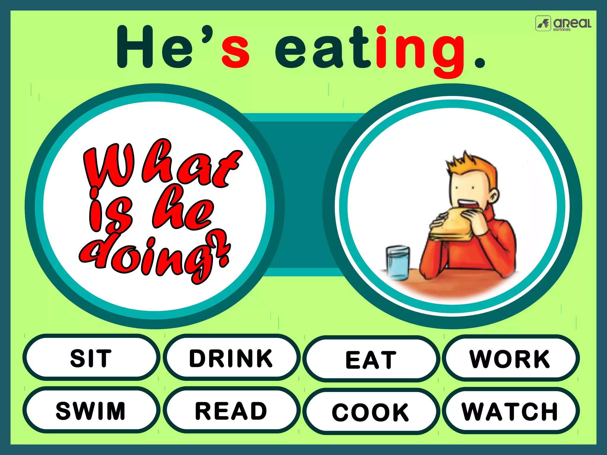 He’s eating.

SIT

DRINK

EAT

WORK

SWIM

READ

COOK

WATCH

 