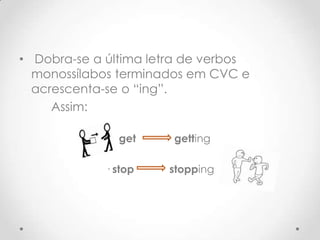 • Dobra-se a última letra de verbos
monossílabos terminados em CVC e
acrescenta-se o “ing”.
Assim:
· get
getting
· stop
stopping