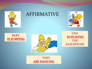 BART 
IS JUMPING 
LISA 
IS PLAYING 
THE 
SAXOPHONE 
AFFIRMATIVE 
THEY 
ARE DANCING 
 