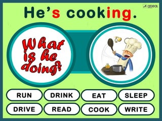 DRIVE
RUN
READ
DRINK
COOK
EAT
WRITE
SLEEP
He’s cooking.
 