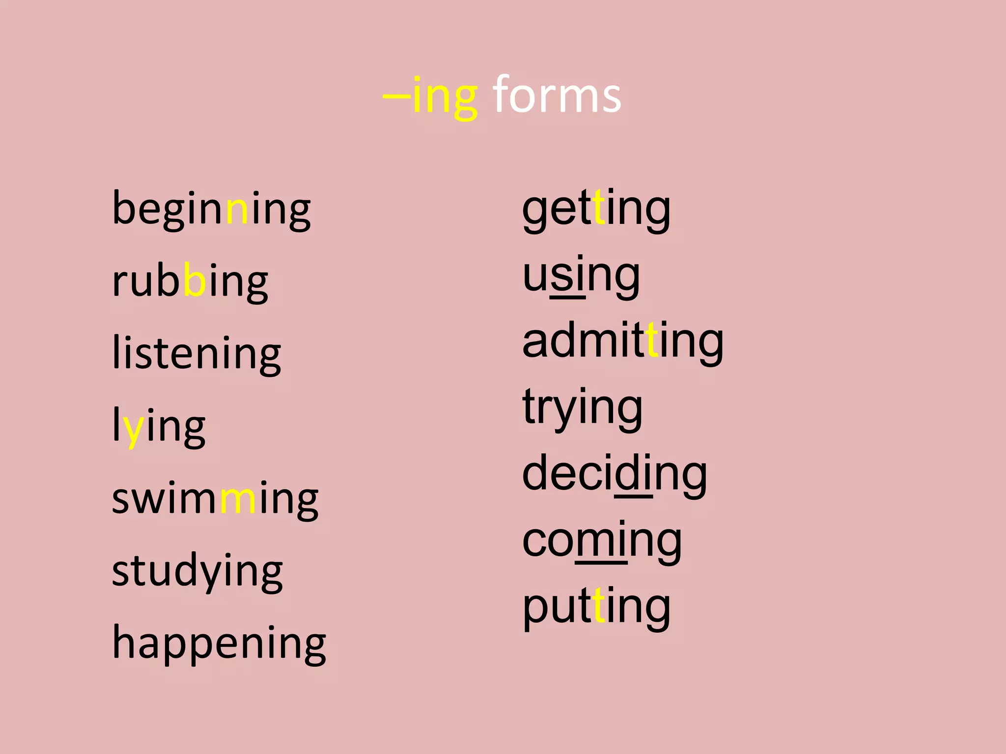 –ing forms
beginning
rubbing
listening
lying
swimming
studying
happening
getting
using
admitting
trying
deciding
coming
putting
 
