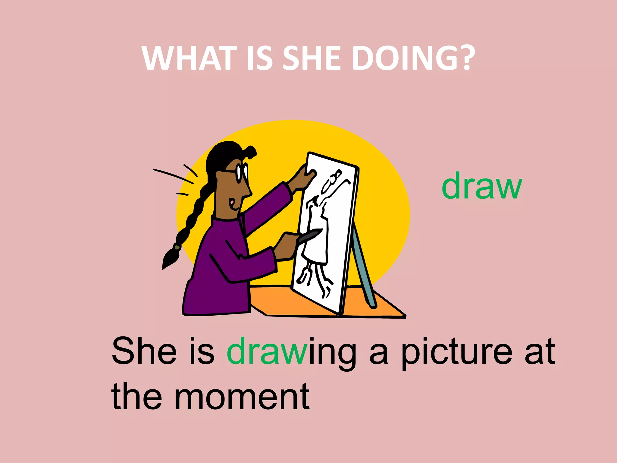 WHAT IS SHE DOING?
draw
She is drawing a picture at
the moment
 