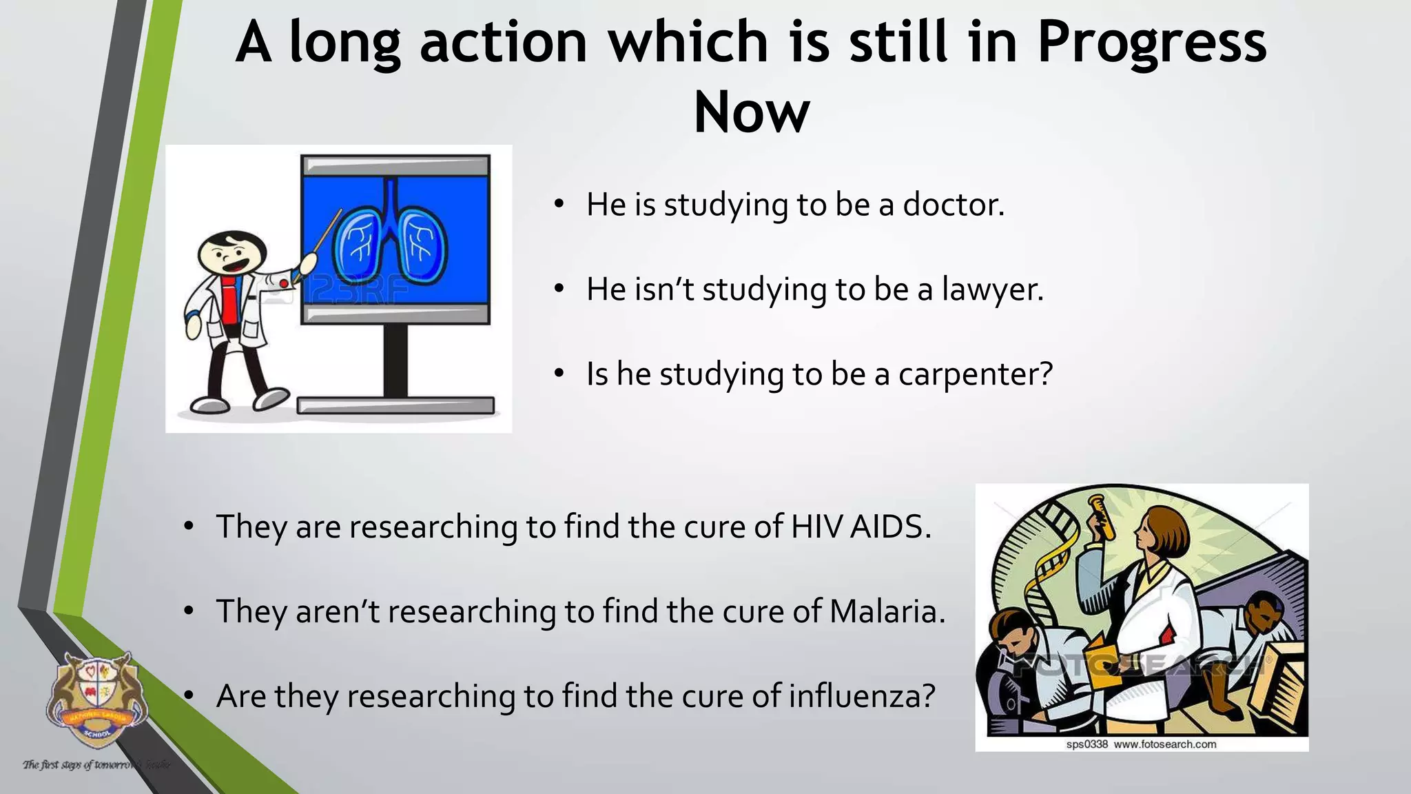 A long action which is still in Progress
Now
• They are researching to find the cure of HIVAIDS.
• They aren’t researching to find the cure of Malaria.
• Are they researching to find the cure of influenza?
• He is studying to be a doctor.
• He isn’t studying to be a lawyer.
• Is he studying to be a carpenter?
 