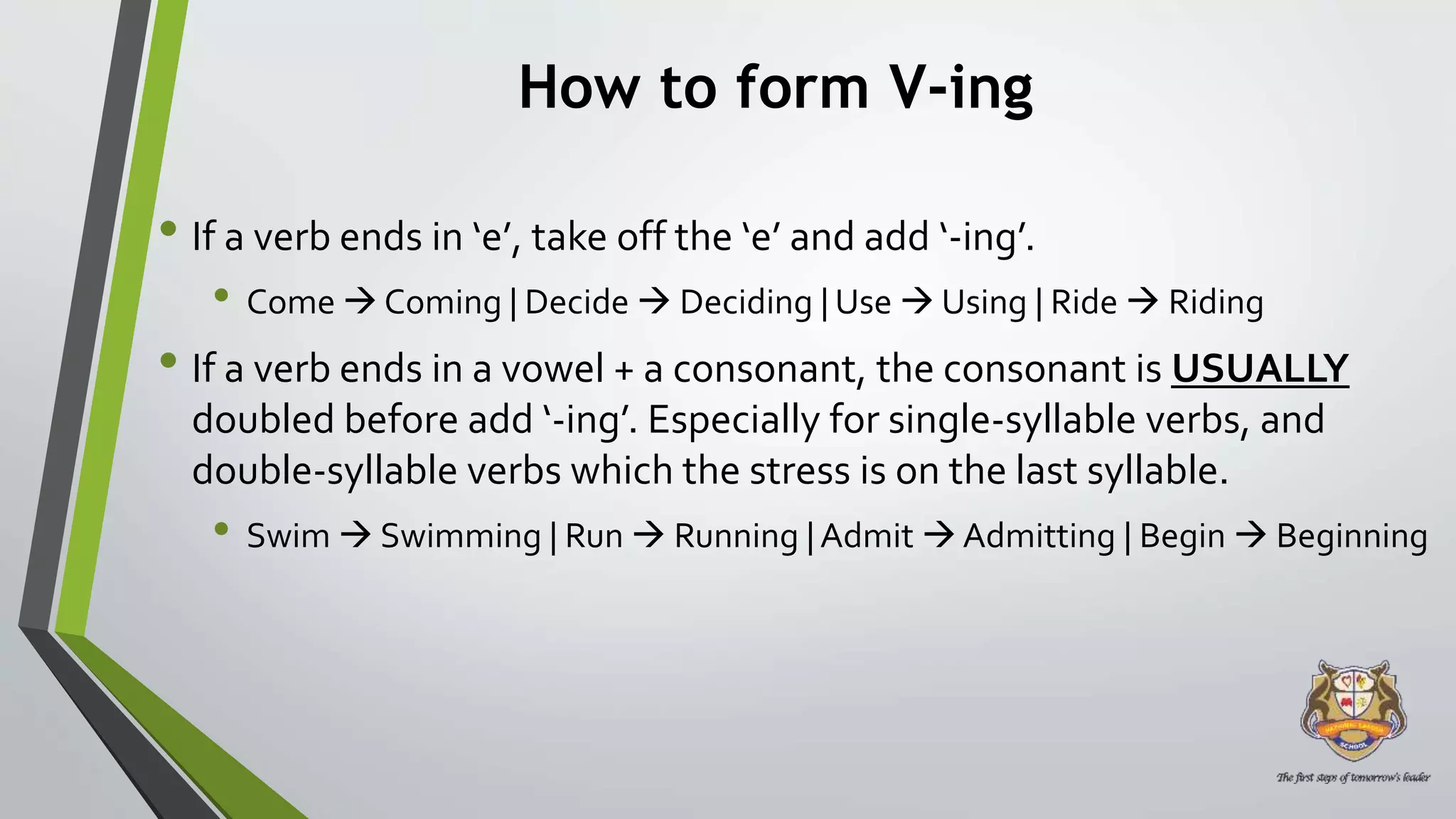 How to form V-ing
• If a verb ends in ‘e’, take off the ‘e’ and add ‘-ing’.
• Come  Coming | Decide  Deciding | Use  Using | Ride  Riding
• If a verb ends in a vowel + a consonant, the consonant is USUALLY
doubled before add ‘-ing’. Especially for single-syllable verbs, and
double-syllable verbs which the stress is on the last syllable.
• Swim  Swimming | Run  Running | Admit  Admitting | Begin  Beginning
 