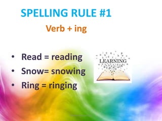 SPELLING RULE #1
Verb + ing
• Read = reading
• Snow= snowing
• Ring = ringing
Teacher Monica Ruiz