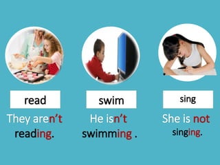 read swim sing
They aren’t
reading.
He isn’t
swimming .
She is not
singing.
 