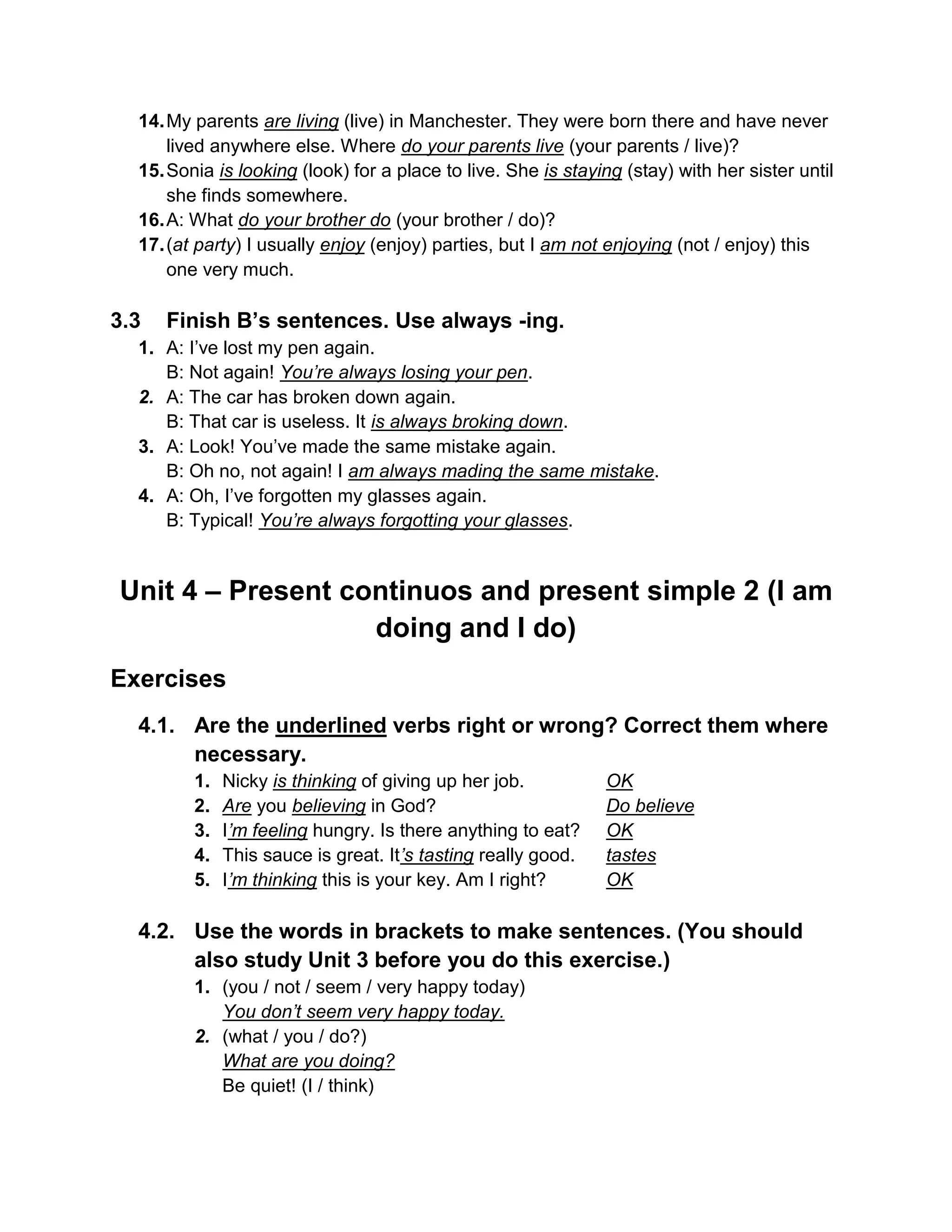 Present continuous and present simple unit 3 4 | DOCX