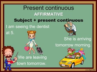 Present continuous
AFFIRMATIVE
Subject + present continuous
I am seeing the dentist
at 5.
She is arriving
tomorrow morning.
We are leaving
town tomorrow.
 