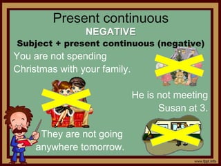 Present continuous
NEGATIVE
Subject + present continuous (negative)
You are not spending
Christmas with your family.
He is not meeting
Susan at 3.
They are not going
anywhere tomorrow.
 