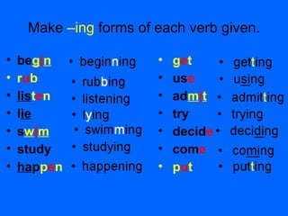Make –ing forms of each verb given.
• begin
• rub
• listen
• lie
• swim
• study
• happen
• get
• use
• admit
• try
• decide
• come
• put
 