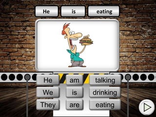is
am
is
eating
drinking
talking
He
She
I
He
They
We is
am
are eating
talking
drinking
 