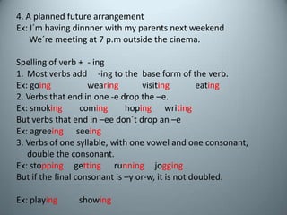 4. A plannedfuturearrangementEx: I´mhavingdinnnerwith my parentsnextweekendWe´remeeting at 7 p.moutsidethecinema.Spelling of verb +  - ingMostverbsadd     -ingtothe  base form of theverb.Ex: goingwearingvisitingeating2. Verbsthatend in one -e dropthe –e.Ex: smoking  cominghopingwritingButverbsthatend in –eedon´tdropan –eEx: agreeingseeing3. Verbs of onesyllable, withonevowel and oneconsonant, doubletheconsonant.Ex: stoppinggettingrunningjoggingButifthe final consonantis –y or-w, itisnotdoubled.Ex: playingshowing