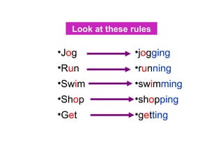 J o g R u n Sw i m Sh o p G e t j o g ging r u n ning sw i m ming sh o p ping g e t ting Look at these rules 