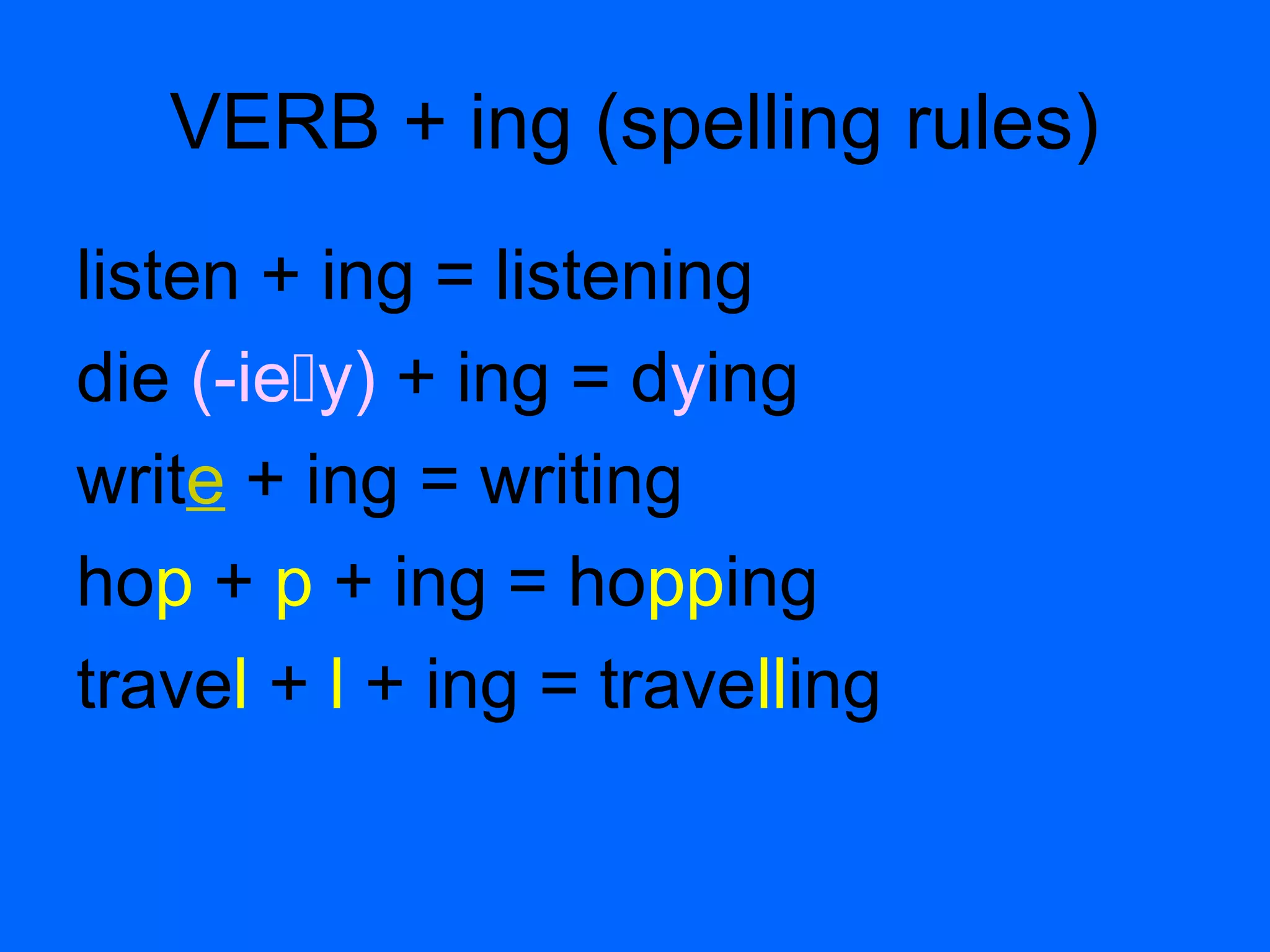 VERB + ing (spelling rules)
listen + ing = listening
die (-iey) + ing = dying
write + ing = writing
hop + p + ing = hopping
travel + l + ing = travelling
 