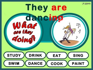 SWIM
STUDY
DANCE
DRINK
COOK
EAT
PAINT
SING
They are
dancing.
 