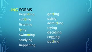 –ING FORMS
beginning
rubbing
listening
lying
swimming
studying
happening
getting
using
admitting
trying
deciding
coming
putting
