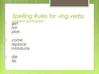 Spelling Rules for –ing verbs
(present participles)
1. get
run
plan
2. come
replace
introduce
3. die
tie
 