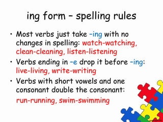 ing form – spelling rules
• Most verbs just take –ing with no
  changes in spelling: watch-watching,
  clean-cleaning, listen-listening
• Verbs ending in –e drop it before –ing:
  live-living, write-writing
• Verbs with short vowels and one
  consonant double the consonant:
  run-running, swim-swimming
 