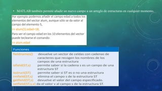 • MATLAB también permite añadir un nuevo campo a un arreglo de estructuras en cualquier momento.
 