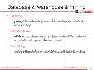 http://www.datacubeth.ai http://facebook.com/datacube.th
Database & warehouse & mining
• Database
• ฐานข้อมูลใช้ในการจัดเก็บข้อมูล ลดความซ้ำซ้อนของข้อมูล เน้นการจัดเก็บ เพ่ิม
แก้ไข และลบข้อมูล
• Data Warehouse
• คลังข้อมูลรวบรวมช้อมูลจากหลายๆ ฐานข้อมูล แปลงข้อมูลให้มีความเหมือนกัน
เหมาะสำหรับการเรียกดู (view) เพื่อสร้างรายงานสรุป
• Data Mining
• การวิเคราะห์ข้อมูลเพื่อค้นหาความสัมพันธ์หรือรูปแบบที่มีประโยชน์ในฐานข้อมูล
16
 