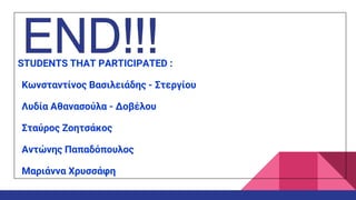 STUDENTS THAT PARTICIPATED :
Κωνσταντίνος Βασιλειάδης - Στεργίου
Λυδία Αθανασούλα - Δοβέλου
Σταύρος Ζοητσάκος
Αντώνης Παπαδόπουλος
Μαριάννα Χρυσσάφη
 