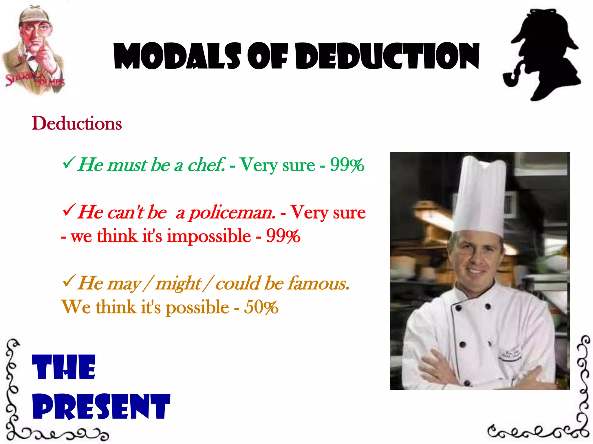 Modals of DeductionDeductionsHe must be a chef. - Very sure - 99%