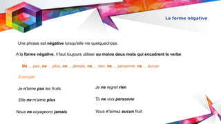 La forme négative
Une phrase est négative lorsqu'elle nie quelquechose.
A la forme négative, il faut toujours utiliser au moins deux mots qui encadrent le verbe
Ne ... pas, ne ... plus, ne ... jamais, ne ... rien, ne ... personne, ne ... aucun
Je n'aime pas les fruits. Je ne regret rien
Elle ne m'aime plus
Nous ne voyageons jamais
Tu ne vois personne
Vous n’aimez aucun fruit
Exemple:
 