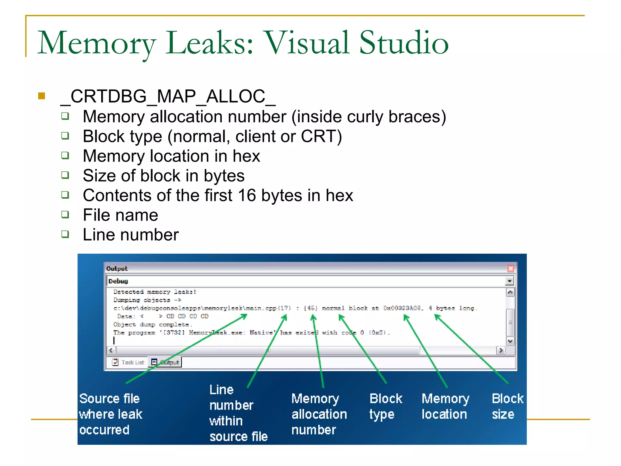 Memory Leaks: Visual Studio _CRTDBG_MAP_ALLOC_ Memory allocation number (inside curly braces) Block type (normal, client or CRT) Memory location in hex Size of block in bytes Contents of the first 16 bytes in hex File name Line number 