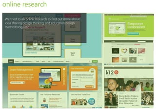 online research

We tried to an online research to find out more about
idea sharing,design thinking and education,design
methodology etc
 