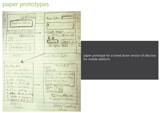 paper prototypes




                   paper prototype for a toned down version of idea box
                   for mobile platform
 