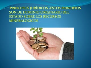 PRINCIPIOS JURÍDICOS.-ESTOS PRINCIPIOS 
SON DE DOMINIO ORIGINARIO DEL 
ESTADO SOBRE LOS RECURSOS 
MINERALOGICOS . 
 