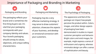 The packaging reflects your
brand and is sometimes the
first thing buyers see. It's
vital that your packaging
corresponds with your
company identity and values.
Your brand's packaging
should convey its values,
objectives, and unique selling
characteristics.
Packaging and Branding
Packaging may be a very
effective marketing strategy. It
may serve to draw customers'
attention, showcase the aspects
of your business, and develop
an emotional connection with
your customers.
Importance of Packaging and Branding in Marketing
Packaging and Marketing The Psychology of Packaging
The appearance and feel of the
package can impact how people
perceive the product within. Colors,
images, and other design aspects
of packaging have been
demonstrated in studies to impact
customer perception and behavior.
Bright colors and vivid images, for
example, might express a sense of
enthusiasm and urgency, whereas
minimalist design can offer a sense
of sophistication and beauty.
 