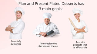 Plan and Present Plated Desserts has
3 main goals:
To satisfy
customer To complement
the venues theme
To make
desserts that
is affordable
 