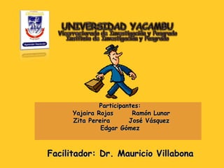 Participantes:Participantes:
Yajaira Rojas Ramón LunarYajaira Rojas Ramón Lunar
Zita Pereira José VásquezZita Pereira José Vásquez
Edgar GómezEdgar Gómez
Facilitador: Dr. Mauricio VillabonaFacilitador: Dr. Mauricio Villabona
 