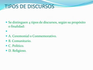 TIPOS DE DISCURSOS

 Se distinguen 4 tipos de discursos, según su propósito
    o finalidad:

 A. Ceremonial o Conmemorativo.
 B. Comunitario.
 C. Político.
 D. Religioso.
 