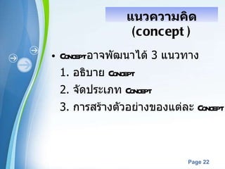 Concept  อาจพัฒนาได้  3  แนวทาง  1.   อธิบาย  Concept 2.  จัดประเภท  Concept 3.  การสร้างตัวอย่างของแต่ละ   Concept แนวความคิด  ( concept  ) 