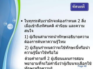 ในทุกระดับเรามักจะต้องกำหนด  2  สิ่ง เมื่อเข้าถึงทัศนคติ ค่านิยม และความสนใจ  1)  ผู้เรียนสามารถนำทักษะอธิบายความต้องการค้นหาความรู้ไหม  2)  ผู้เรียนกำหนดว่าจะใช้ทักษะนี้หรือนำความรู้นี้มาใช้หรือไม่  ด้วยคำถามที่  2  ผู้เขียนแผนการสอนพยายามที่จะไม่คำนึงว่าผู้เรียนจะเลือกใช้ทักษะหรือความรู้ 
