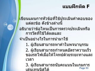 แบบฝึกหัด  F เขียนแผนการหัวข้อที่ใช้ประเมินคำตอบของแต่ละข้อ ดังข้างล่างนี้ อธิบายว่าข้อไหนเป็นการตรวจประเมินหรือการวัดที่ใช้ได้ผลและ จำเป็นอย่างไรในการนำมาใช้ 1.  ผู้เรียนสามารถหาคำในพจนานุกรม 2.  ผู้เรียนสามารถกำหนดอัตราความเร็วของรถไฟเมื่อให้โจทย์ด้วยระยะทางและเวลา 3.  ผู้เรียนสามารถนับคะแนนในเกมการเล่นเทนนิสได้ 4.  ผู้เรียนสามารถติดป้ายส่วนของรถยนต์ได้ 5.  ผู้เรียนสามารถพิมพ์สัมผัสบนแป้นคีย์บอร์ดพิมพ์ได้ 