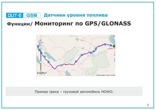5
Функции/ Мониторинг по GPS/GLONASS
Пример трека – грузовой автомобиль HOWO.
GSM Датчики уровня топлива
 