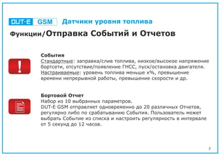 7
Функции/Отправка Событий и Отчетов
События
Стандартные: заправка/слив топлива, низкое/высокое напряжение
бортсети, отсутствие/появление ГНСС, пуск/остановка двигателя.
Настраиваемые: уровень топлива меньше х%, превышение
времени непрерывной работы, превышение скорости и др.
Бортовой Отчет
Набор из 10 выбранных параметров.
DUT-E GSM отправляет одновременно до 20 различных Отчетов,
регулярно либо по срабатыванию События. Пользователь может
выбрать Событие из списка и настроить регулярность в интервале
от 5 секунд до 12 часов.
GSM Датчики уровня топлива
 