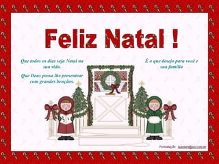 Feliz Natal ! Que todos os dias seja Natal na sua vida. Que Deus possa lhe presentear com grandes bençãos. É o que desejo para você e sua família 
