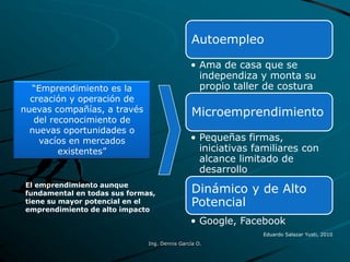 Autoempleo
• Ama de casa que se
independiza y monta su
propio taller de costura
Microemprendimiento
• Pequeñas firmas,
iniciativas familiares con
alcance limitado de
desarrollo
Dinámico y de Alto
Potencial
• Google, Facebook
“Emprendimiento es la
creación y operación de
nuevas compañías, a través
del reconocimiento de
nuevas oportunidades o
vacíos en mercados
existentes”
Eduardo Salazar Yusti, 2010
El emprendimiento aunque
fundamental en todas sus formas,
tiene su mayor potencial en el
emprendimiento de alto impacto
Ing. Dennis García O.
 