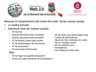 Mesurar el comportament del nostre lloc web i de les xarxes socials
• La nostra activitat
• Interacció amb els nostres usuaris:
    –   Nº de fans
    –   Quants elements s’han visualitzat           - Nº de clicks a la nostra pàgina web
    –   Quants elements s’han compartit             - Temps de permanència
    –   Nº continguts creats pels usuaris           - Seccions més visitades de la web
    –   Nº de descàrregues de documents             - Per on navega l’usuari
                                                    - Nº de visitants únics
    –   Nº de comentaris
                                                    - Procedència
    –   Nº sol·licituds d’informació                - Qui enllaça la nostra web
    ROI:
    -   Hi ha hagut un augment d’usuaris?
    -   Hi ha una major demanda de la biblioteca?
 