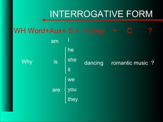 INTERROGATIVE FORM
WH Word+Aux+ S + V (ing) + C ?
I
he
she
it
we
you
they
am
is dancing
are
romantic music ?Why
 