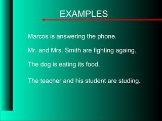 EXAMPLES
Marcos is answering the phone.
Mr. and Mrs. Smith are fighting againg.
The dog is eating its food.
The teacher and his student are studing.
 